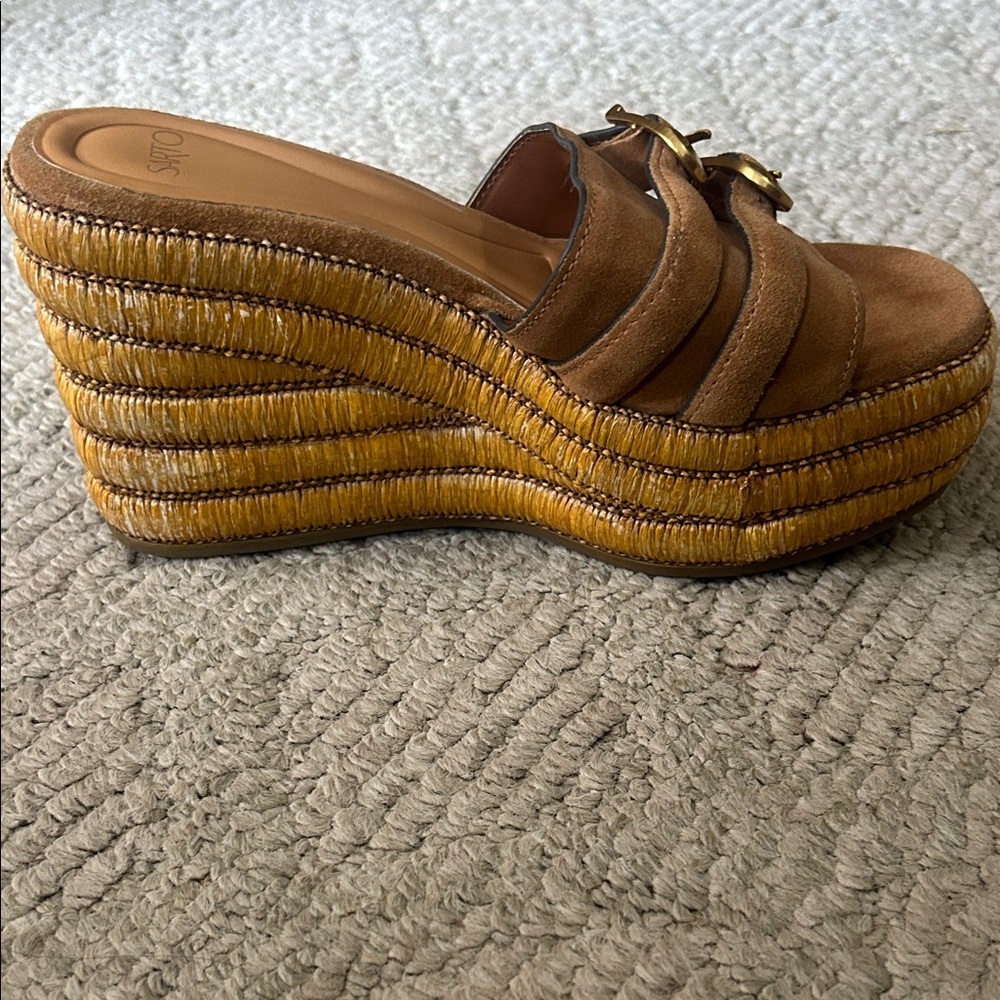 Sarto Womens Tan Suede Platform Espadrille Slide - Picture 5 of 12